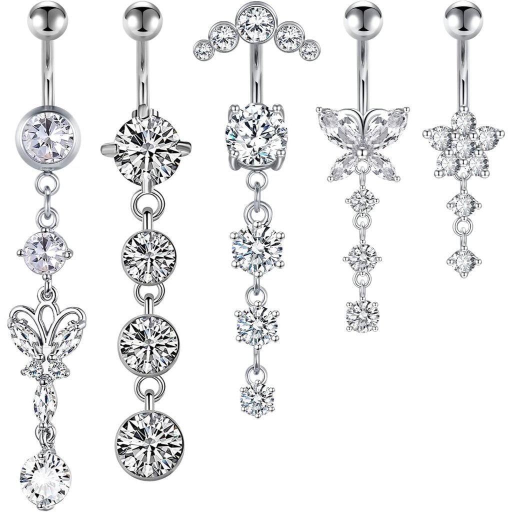 14g Dangle Belly Button Rings  Surgical Steel Silver And Rose Gold Cz Piercing